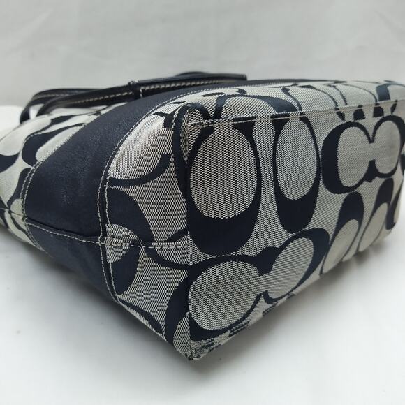 Coach Signature Black Canvas Stripe Double Handles Zipper Tote Shoulder Bag - Picture 14 of 16